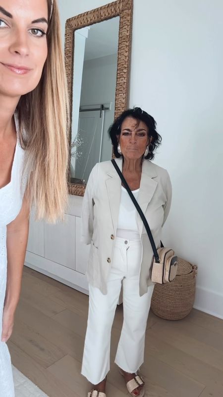 @walmartfashion coastal grandmother makeunder with Janey 🥰. #walmartpartner 

Run! This linen blazer is only $23 and so are the white jeans. Size down if between on the jeans. Jane is wearing small in the blazer. 

The sandals fit true to size and are on sale under $20! The bag is under $20 as well 🙌🏻. 

#walmartfashion 

#LTKSaleAlert #LTKFindsUnder50 #LTKOver40