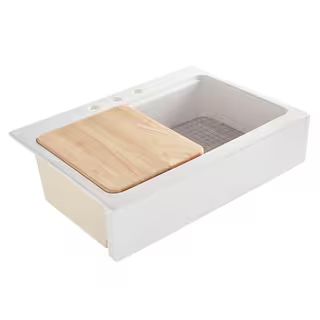 Josephine 34in. Quick-Fit Drop-In Farmhouse Single Bowl Crisp White Fireclay Workstation Kitchen ... | The Home Depot