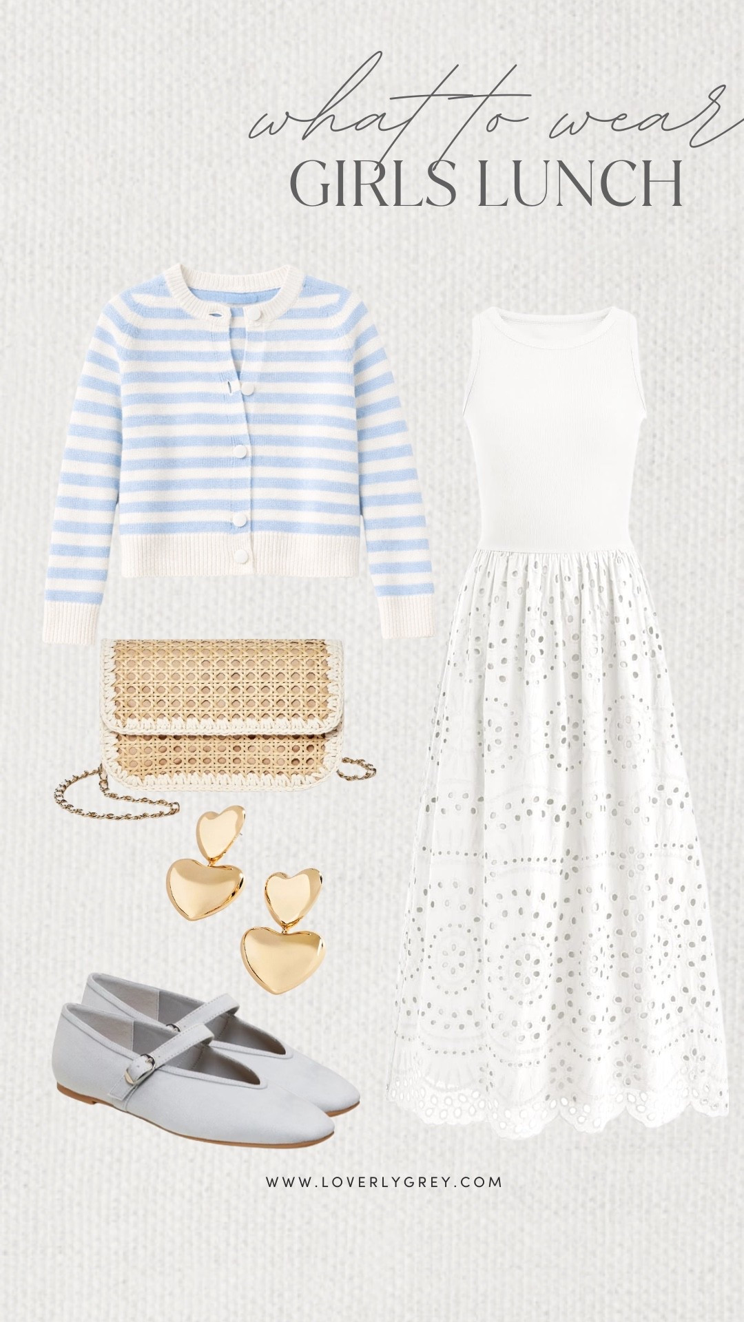 Loverly Grey, what to wear to girl’s lunch. I am loving this white dress with the eyelet skirt from Amazon! I would layer the striped cardigan over the top and accessories with gold heart shaped earrings. Grab a cute purse and a pair of Mary Jane flats to complete the look! Loverly Grey, what to wear, girls lunch 

#LTKSeasonal #LTKgrwm #LTKootd