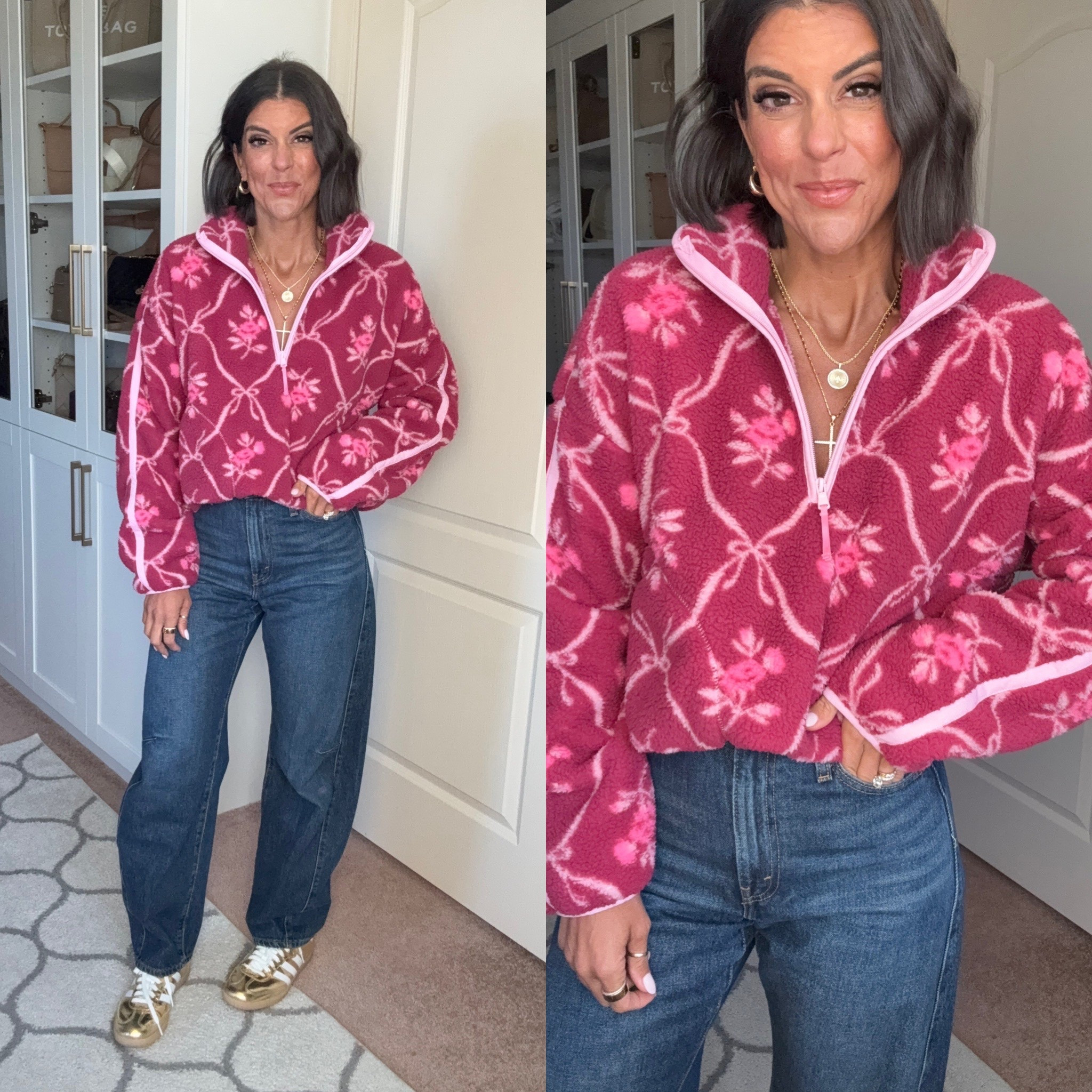 Absolutely love this Old Navy fleece! Sized up one to a med for an oversized fit 
Size 25 in Levi jeans 

#LTKValentine #LTKootd #LTKSeasonal