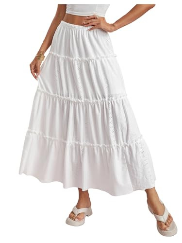 SweatyRocks Women's High Waisted Eyelet Maxi Skirts Ruffle Tiered Going Out Outfits White X-Small | Amazon (US)