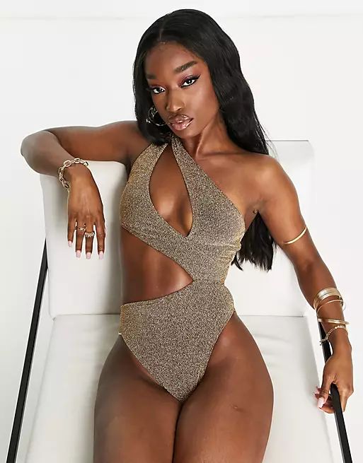 South Beach assymetric cut out swimsuit in metallic gold | ASOS (Global)