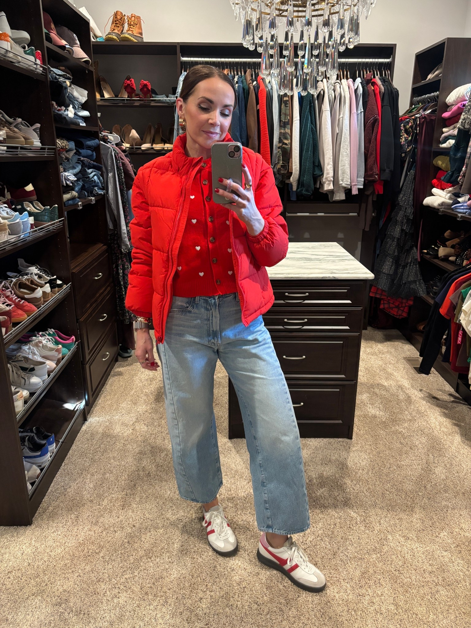 Bold red outfit of the day. My exact coat is old from Madewell, but I linked similar. I sized up one size in the mother jeans to a 27 and an XS in the red sweater.
