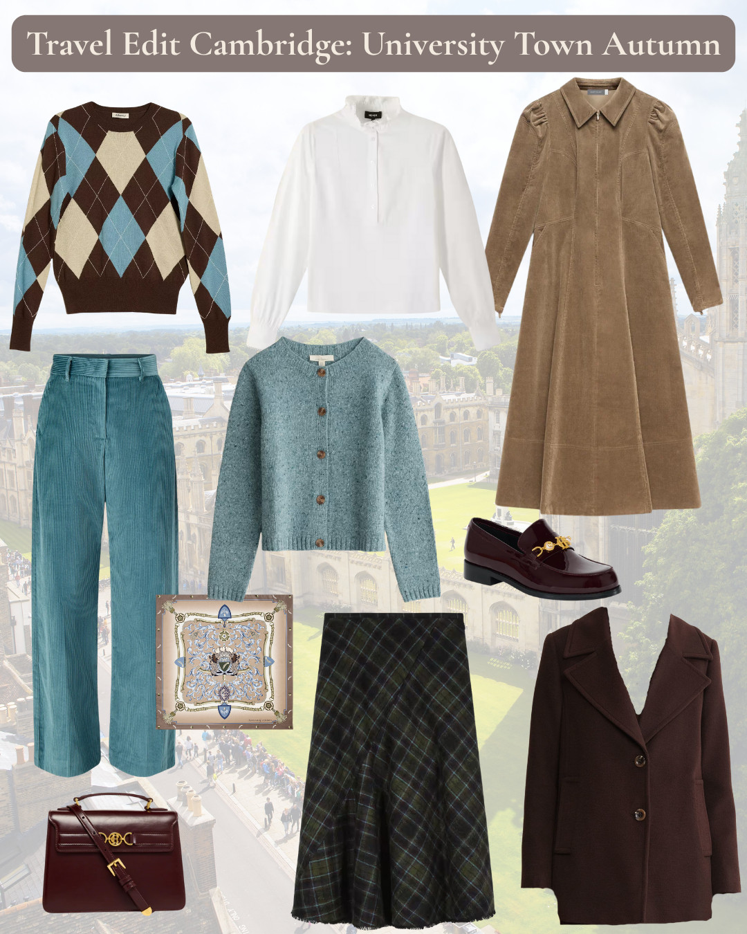 Travel edit - Cambridge in Autumn -Heritage argyle knitwear adds intellectual charm, chunky loafers are comfortable for wandering cobbled streets and crossing college quads. Corduroy trousers bring warmth, the wool coat handles blustery November days by the Cam, and a silk scarf adds refinement. The white shirt with frill collar layers beautifully under knitwear, and a tweed check skirt captures quintessential British elegance without venturing into student territory. 

 #LTKuk #LTKover50style #LTKstyletip