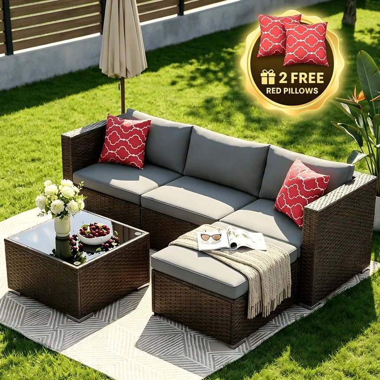 Patio Furniture Set - Lofka 5-Piece All Weather Wicker Patio Conversation Set with Removable Wash... | Walmart (US)