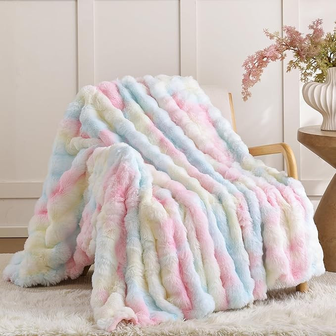 Smoofy Faux Fur Throw Blanket for Couch – Rainbow Fluffy Cozy Rabbit Fleece, Plush Soft Bubble ... | Amazon (US)