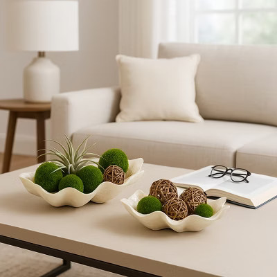 Chic Shell Shape Table and Kitchen Counter Decor Bowl - Decorative Bowl for Coffee Table or Centerpiece Table Decorations - Set of 2, 7", Ivory & Tan | Target