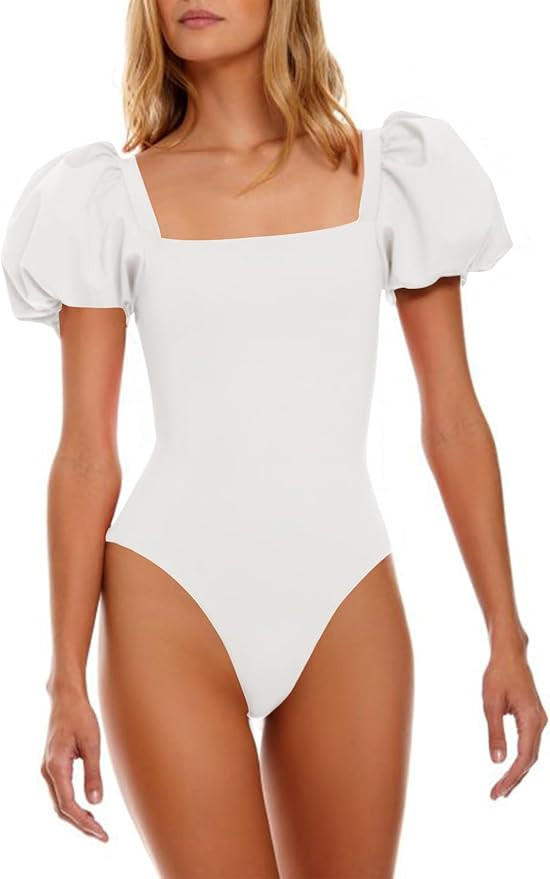 Saodimallsu Womens One Piece Swimsuit Short Puff Sleeve Square Neck Sexy Backless Tummy Control B... | Amazon (US)