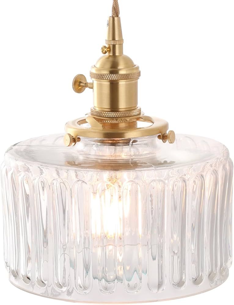 Pendant Light Retro Clear Striped Lampshade Pattern Glass, Brass Finish Ceiling Drop Light E26/E2... | Amazon (US)