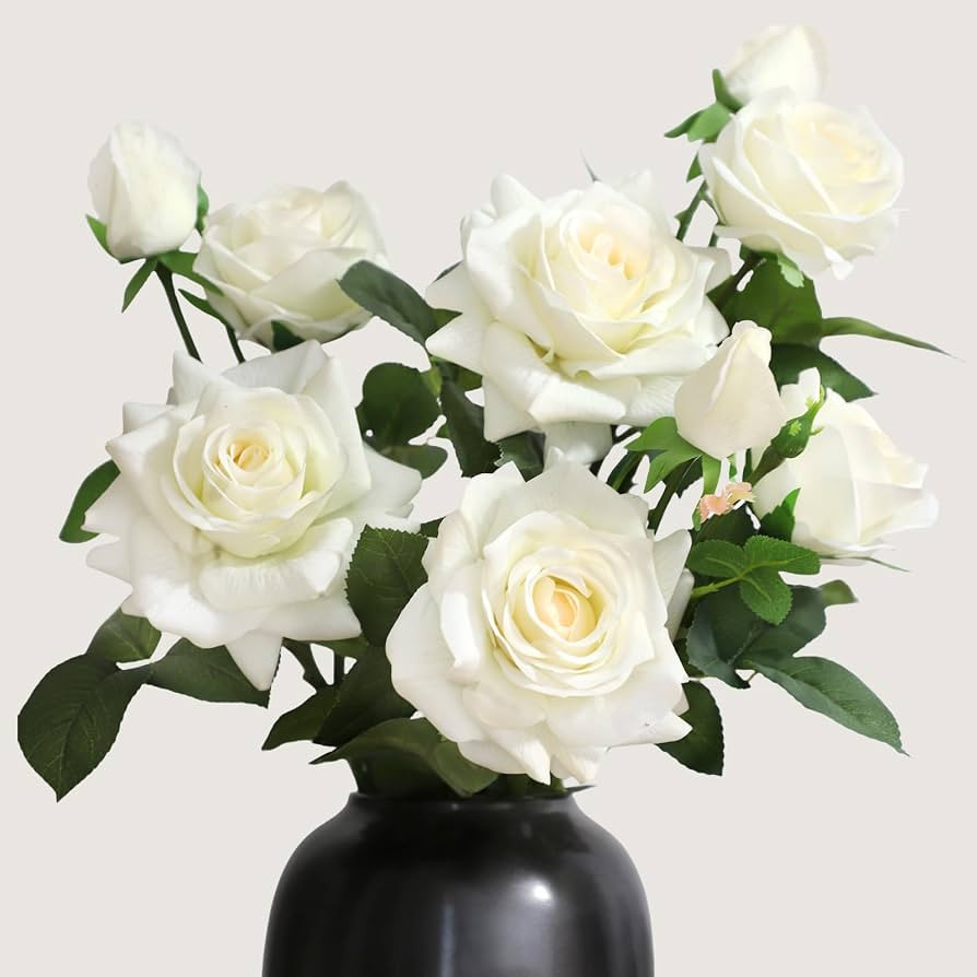 KBREE 30” Real Touch Roses Cream White Flowers, 3Pcs Artificial Roses with Long Stems, 3 Blooms... | Amazon (US)