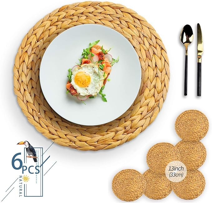 Primebabe 6 Pack Woven Placemats,Round Water Hyacinth Weave Placemat Braided Rattan Tablemats 13... | Amazon (US)