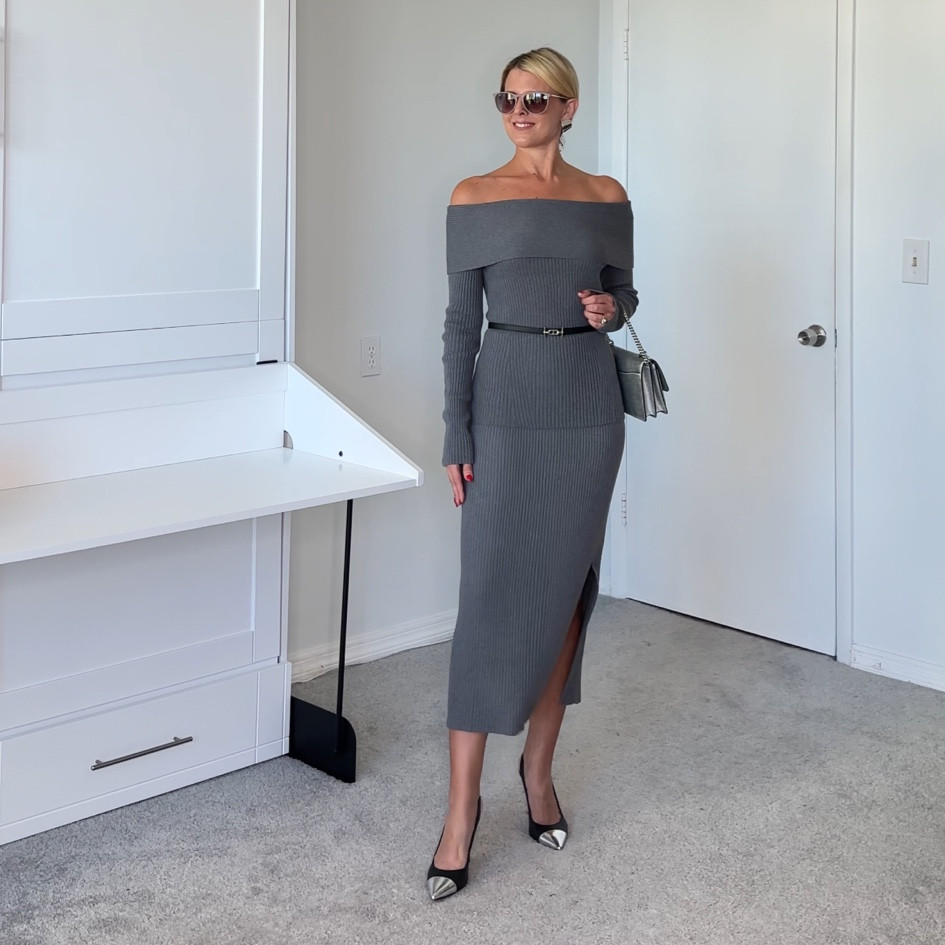 Dress and sweater are true to size 

The heels and purse is last seasons.    I linked similar items.   The Michael Kors ones at off 5th are the same, only a higher heel. 

#LTKHoliday #LTKSeasonal #LTKparties