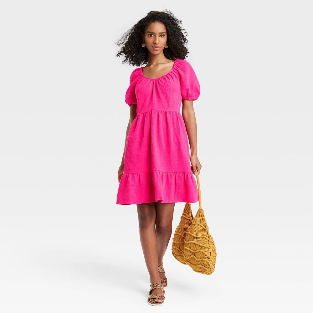 Women's Puff Short Sleeve Tiered Babydoll Dress - Universal Thread Pink L | Target