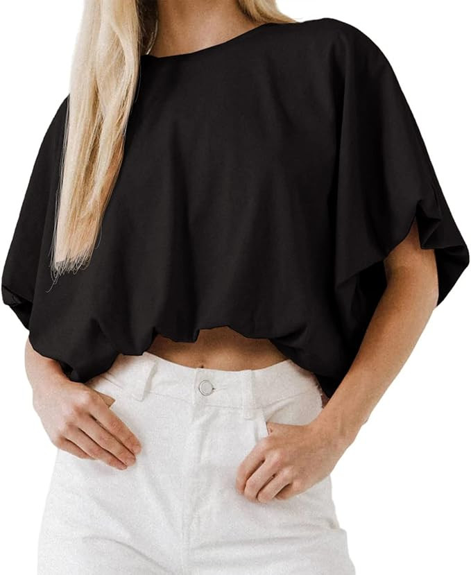 Womens Summer Crewneck Crop Tops Short Sleeve Casual Loose Cropped T Shirts | Amazon (US)