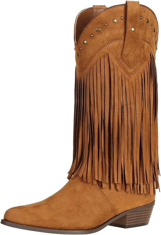 SheSole Women's Fringe Western Boots Wide Calf Riding Cowgirl Cowboy boots Black | Amazon (US)