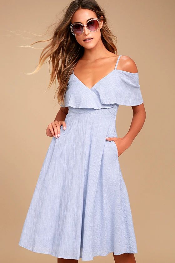 Yacht Rock Blue and White Striped Off-the-Shoulder Midi Dress | Lulus (US)