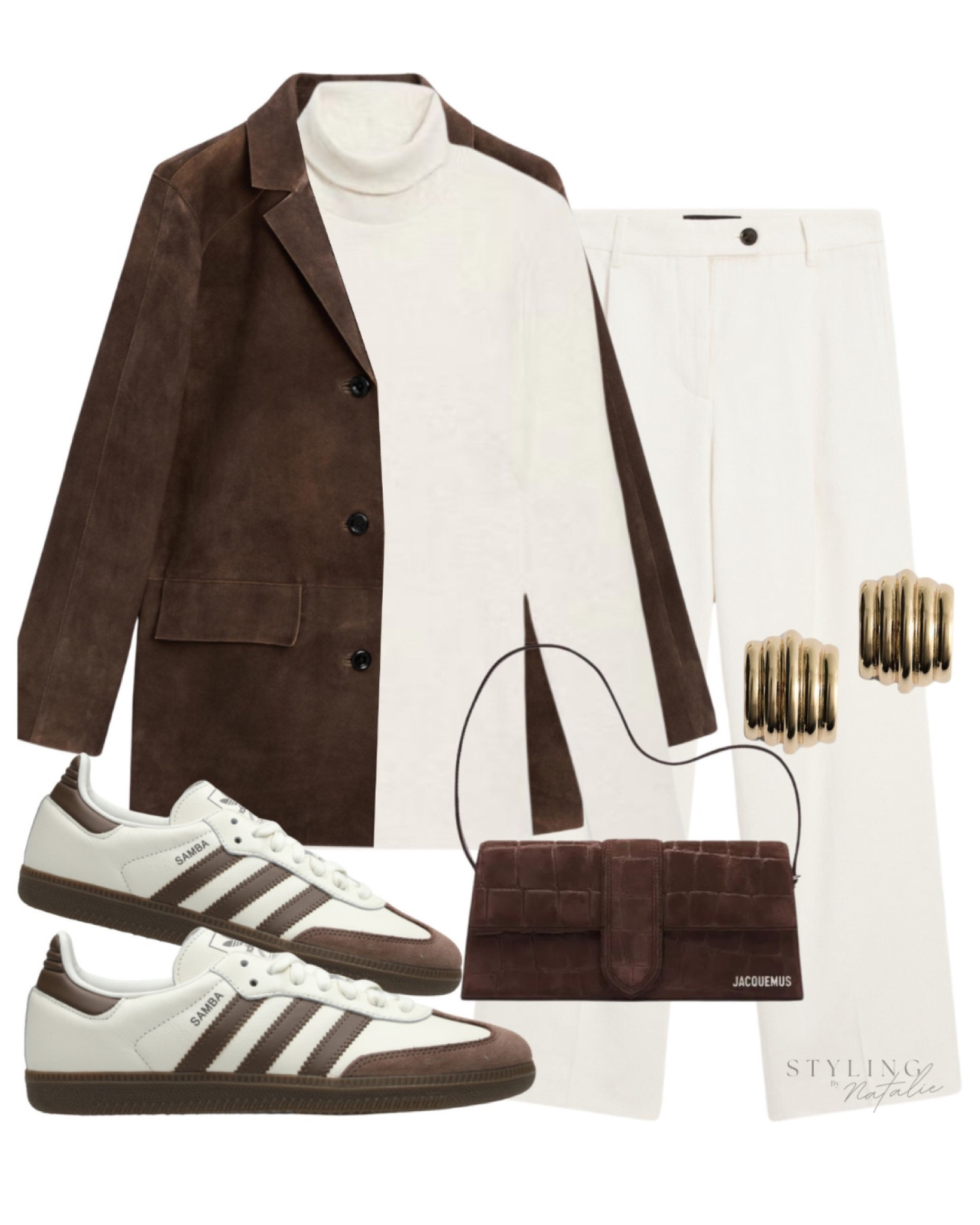 Brown & white transitional outfit, early Spring outfit, casual outfit, everyday outfit, weekend look. Suede blazer, turtleneck, tailored trousers, Adidas Samba trainers, jacquemus croc bag & gold earrings.

#LTKuk #LTKspring #LTKeurope