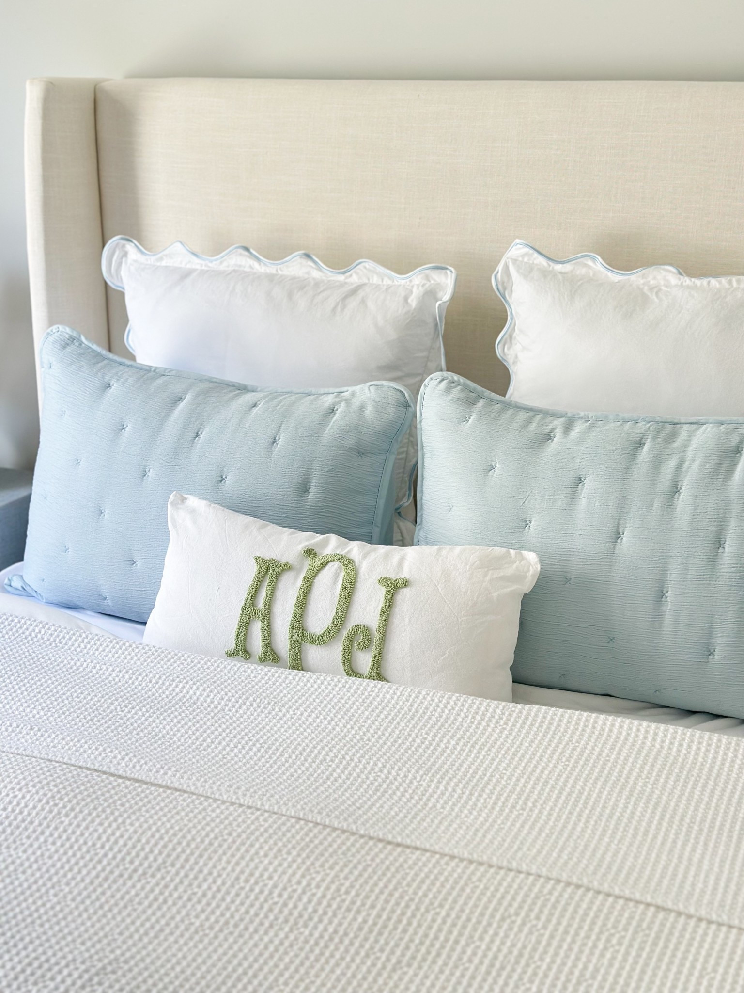 Love this monogram pillow from Amazon! This is a 12x24 cover with design 7 and thread color 38. 

My other bedding is linked as well 😍

Wayfair bed, Tilly bed, blue and white bedding, designer look for less, scallop shams, scallop bedding, guest bedroom, coastal bedroom, bedroom ideas 

#LTKStyleTip #LTKHome