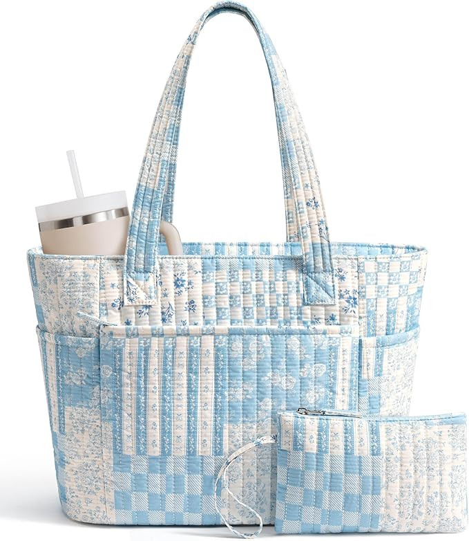 Bagstellar Puffer Tote Bag for Women, Quilted Cotton Laptop Work Tote Shoulder Bag for College Sc... | Amazon (US)