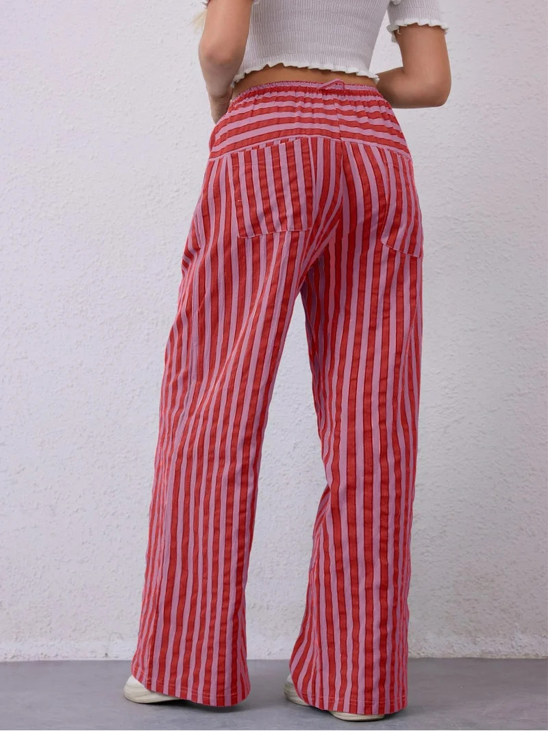TEMOFON Pants for Women Wide Leg Palazzo High Waist Pants Casual Drawstring Striped Pants Comfy L... | Walmart (US)