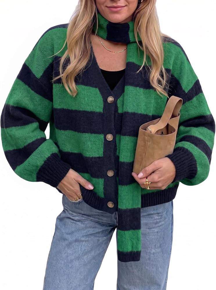 Tankaneo Cardigan Sweaters for Women Oversized Striped Cardigans with Scarf | Amazon (US)