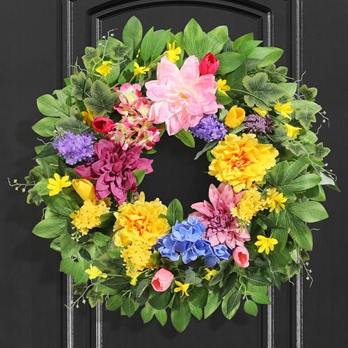 Spring Wreaths for Front Door, 24 Inch Greenery Front Door Wreath with Peonies Dahlias Hydrangeas, Artificial Home Decorations for Indoor Outdoor Window Wall,Outside Floral Wreath Decor for Home Porch | Amazon (US)