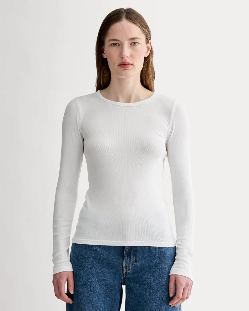 Everlane Luxe Rib Long-Sleeve Crew Neck Tshirt In White, Size Large, Cotton/Elastane | Everlane