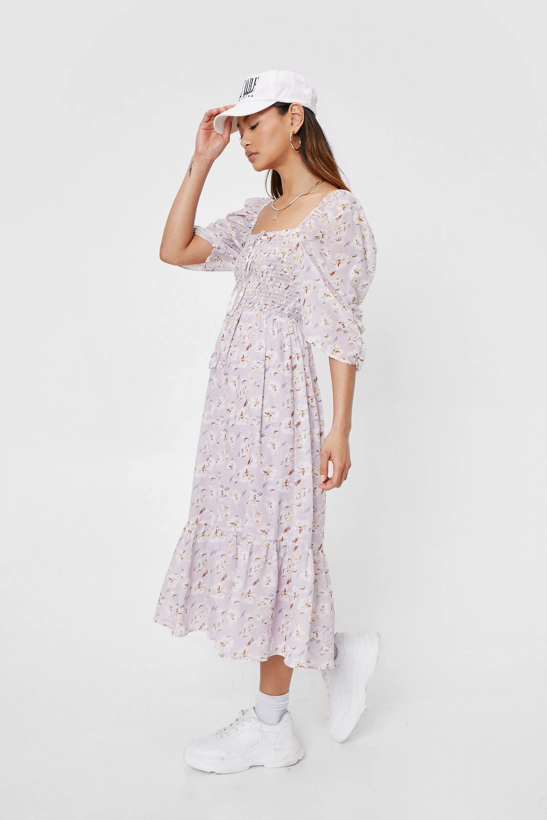 Petite Floral Print Shirred Midi Dress | Nasty Gal (US)