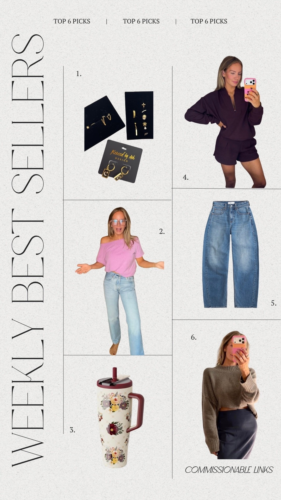 Last Weeks Top Six Picks 💁🏽‍♀️
1. Pieced by Ash- code LOLA✨
2. My new Levi’s 👖 
3. Brümate 🍂
4. Walmart Set 💜
5. A&F Jeans 🤠
6. FP sweater 🧶

#LTKselfcare #LTKootd #LTKTravel