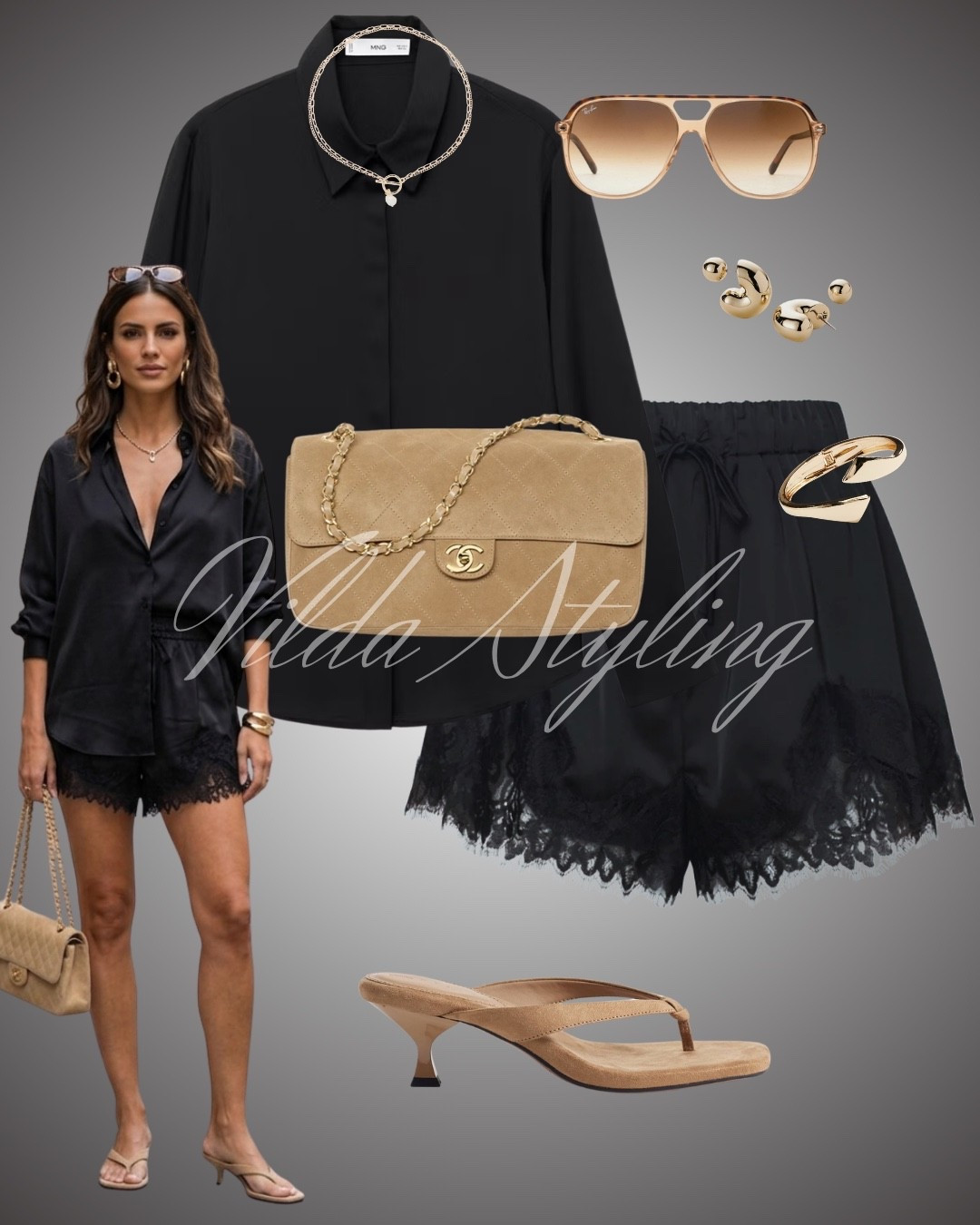 This chic, all-black ensemble is the definition of "effortless luxury." By pairing a structured silk-style button-down with delicate lace-trimmed shorts, the look strikes a perfect balance between sophisticated and playful. The neutral, sand-toned accessories—including the quilted Chanel bag and kitten-heel thong sandals—warm up the monochrome base for a timeless summer aesthetic. #AllBlackEverything #StreetStyleInspo #ChicLook #MangoDaily #ChanelBag #OutfitInspiration #MinimalistFashion

#LTKpartywear #LTKsummer #LTKdatenight