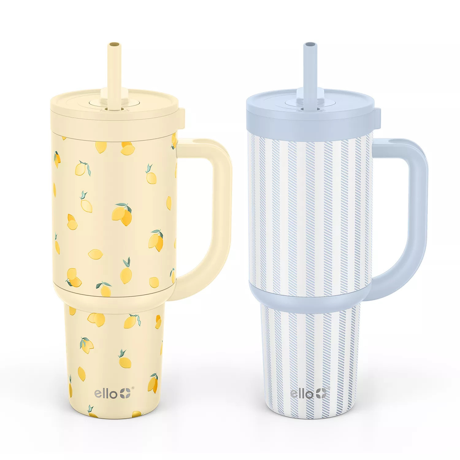 Ello 30oz Stainless Steel Handled Tumbler 2pk - Lemon/Blue Stripe:- Lemon / Blue Stripe | Sam's Club
