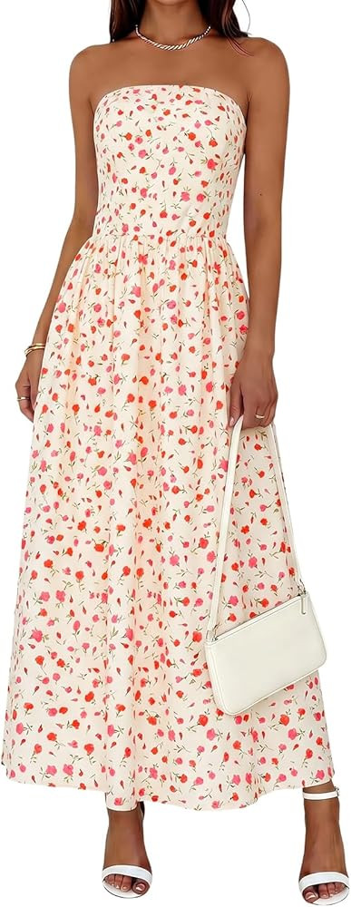 Wenrine Womens Polka Dot Strapless Dress Summer Smocked Tube Top Casual Sleeveless Long Flowy Max... | Amazon (US)