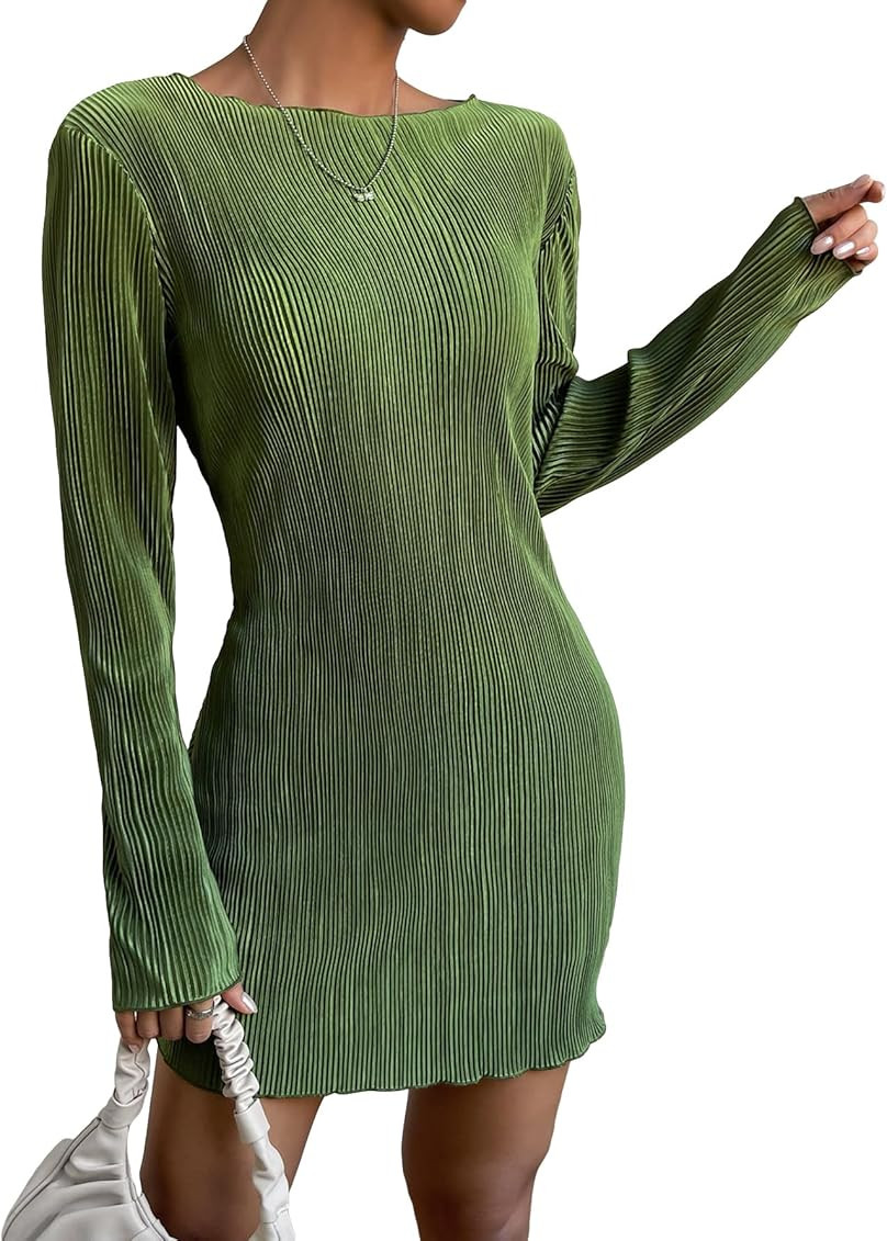COZYEASE Women's Lettuce Trim Boat Neck Dress Elegant Bodycon Long Sleeve Pencil Mini Dress | Amazon (US)