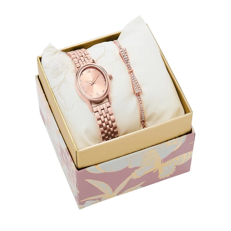 Folio Women’s 2pc Watch & Bracelet Set; 23mm Oval Alloy Case, Metal Bracelet, Rose Gold, FMDAL1... | Walmart (US)