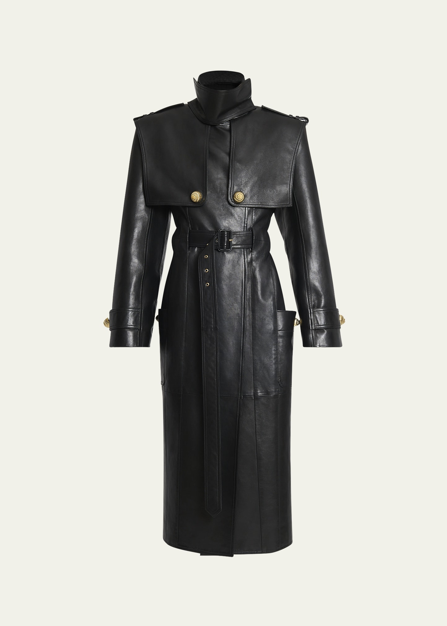 Balmain Double-Breasted Belted Leather Trench Coat | Bergdorf Goodman