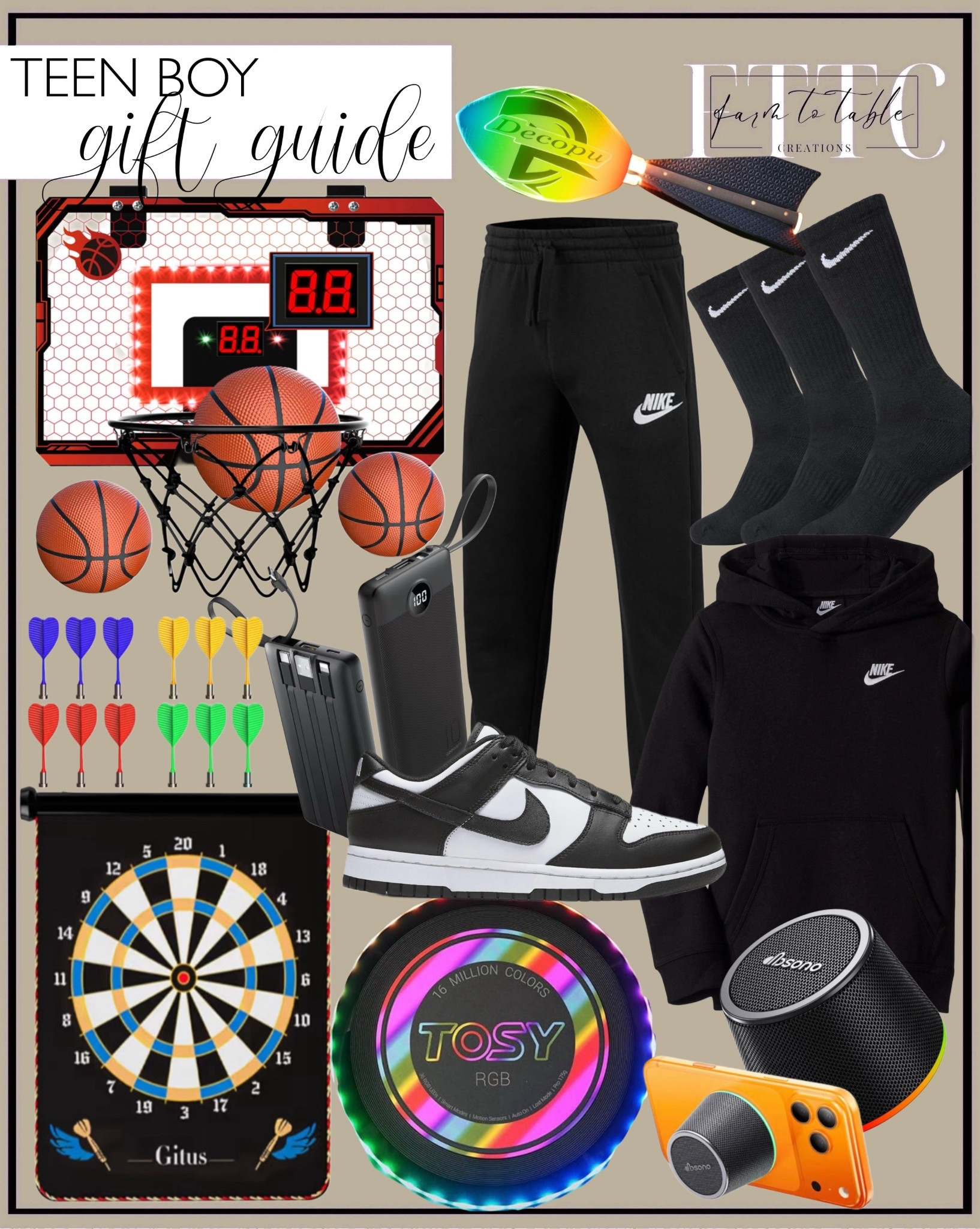 Teen Boy Gift Guide | Follow @farmtotablecreations on Instagram for more home + gift ideas

A fun Amazon gift guide filled with teen-approved favorites — LED basketball hoop, glowing football, dartboard, Nike hoodie and joggers, classic Nike socks, portable power bank, mini speaker, and the viral RGB flying disc. Perfect mix of sports, tech, and everyday essentials he’ll actually use.

amazon gift guide | teen boy gifts | teen essentials | amazon finds | holiday gift guide | gifts for teens | sports gifts | teen tech | stocking stuffers | amazon home | amazon must haves | giftideas | neutralhome

#LTKKids #LTKMens #LTKGiftGuide