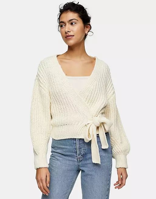 Topshop knitted wrap cardigan in cream | ASOS | ASOS (Global)