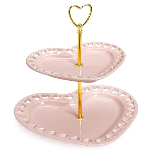 Paris Hilton 2-Tier Heart Serving Tray, Iconic Ceramic Stoneware with Metal Handle, Easy Assembly for Stylish Display, 9-Inch and 7-Inch Plates, Pink | Amazon (US)