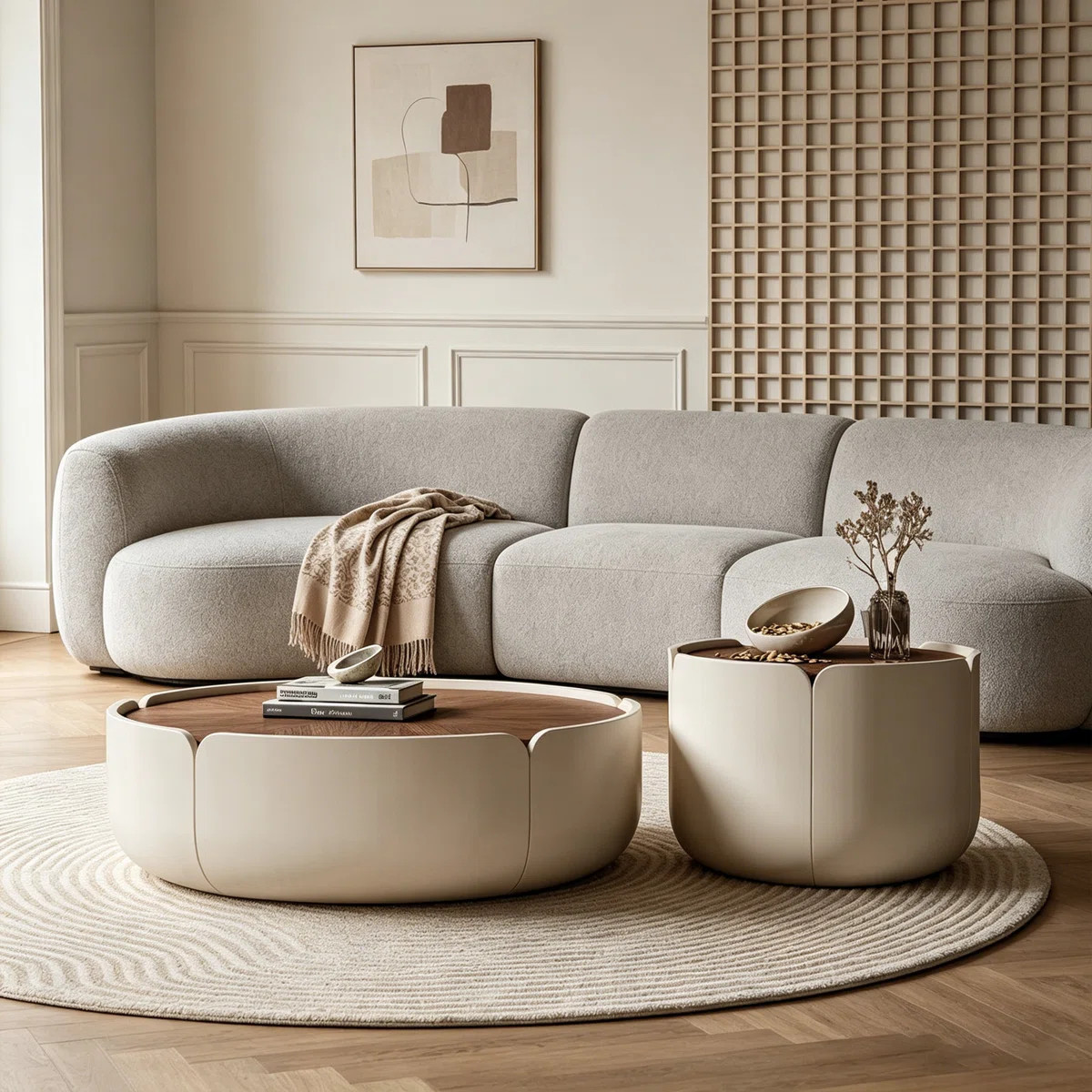 Coffee Table Set With Drawer, Cream Mid-Century Round Petal-Shaped 2-Piece Paired Coffee Table fo... | Wayfair North America