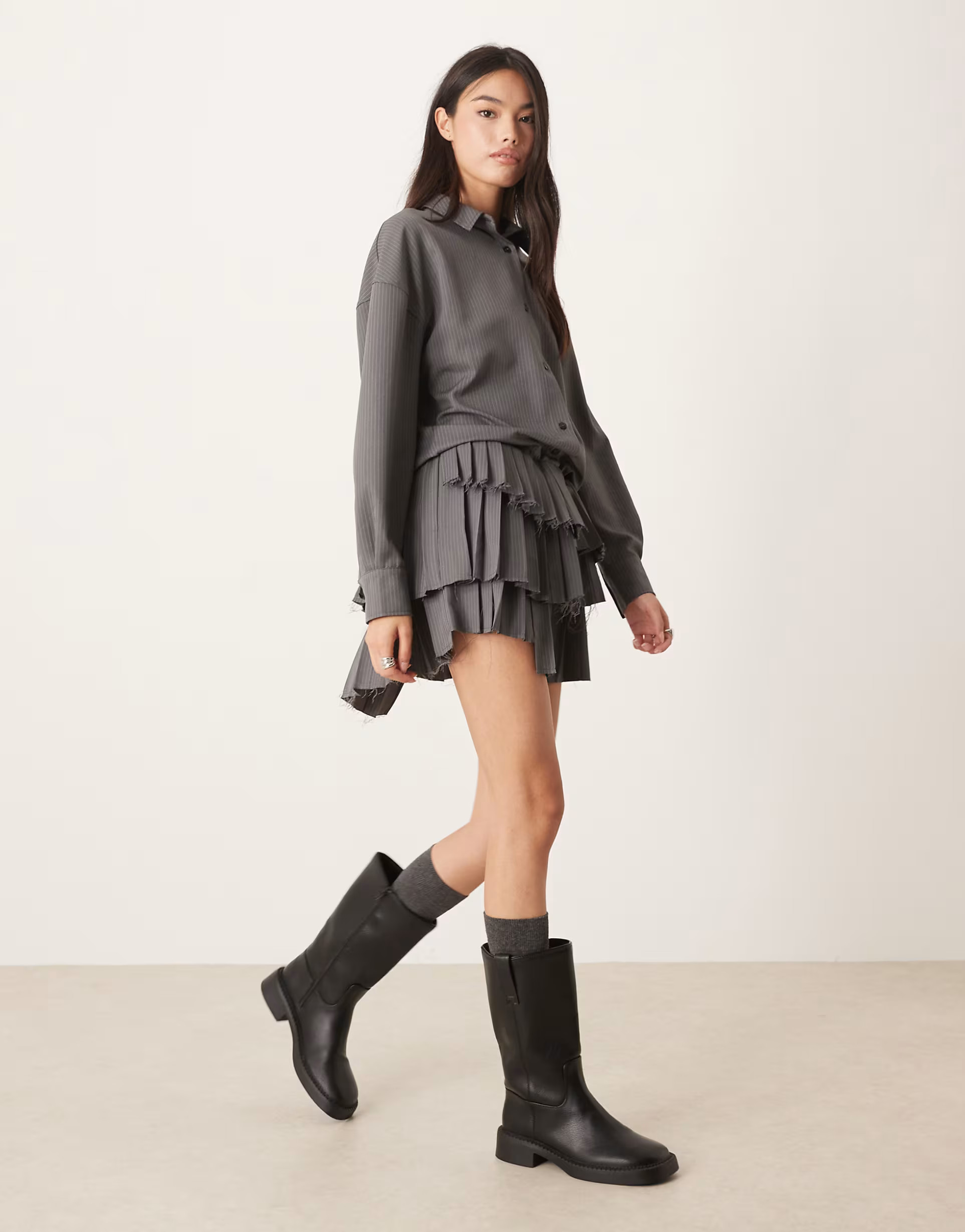 ASOS DESIGN drop waist mini shirt dress with pleated skirt in grey stripe | ASOS (Global)