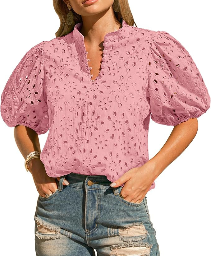 Womens Eyelet Summer Tops Lantern Short Sleeve Button V Neck Dressy Casual Blouses Hollow Out Emb... | Amazon (US)