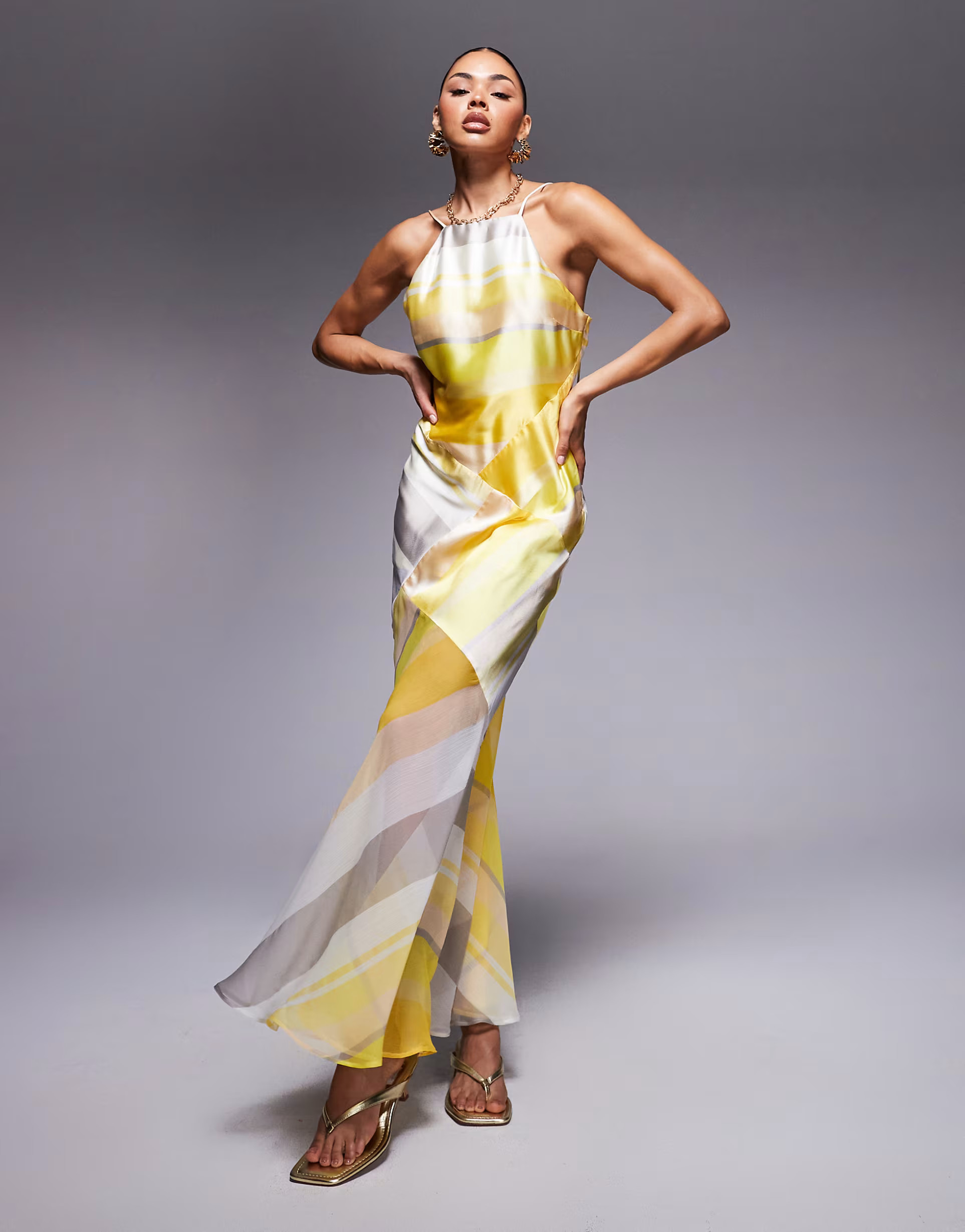 ASOS DESIGN panelled satin maxi dress with chiffon skirt in yellow stripe print | ASOS (Global)