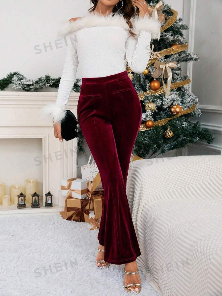 SHEIN Privé High Waist Velvet Flare Leg Pants | SHEIN