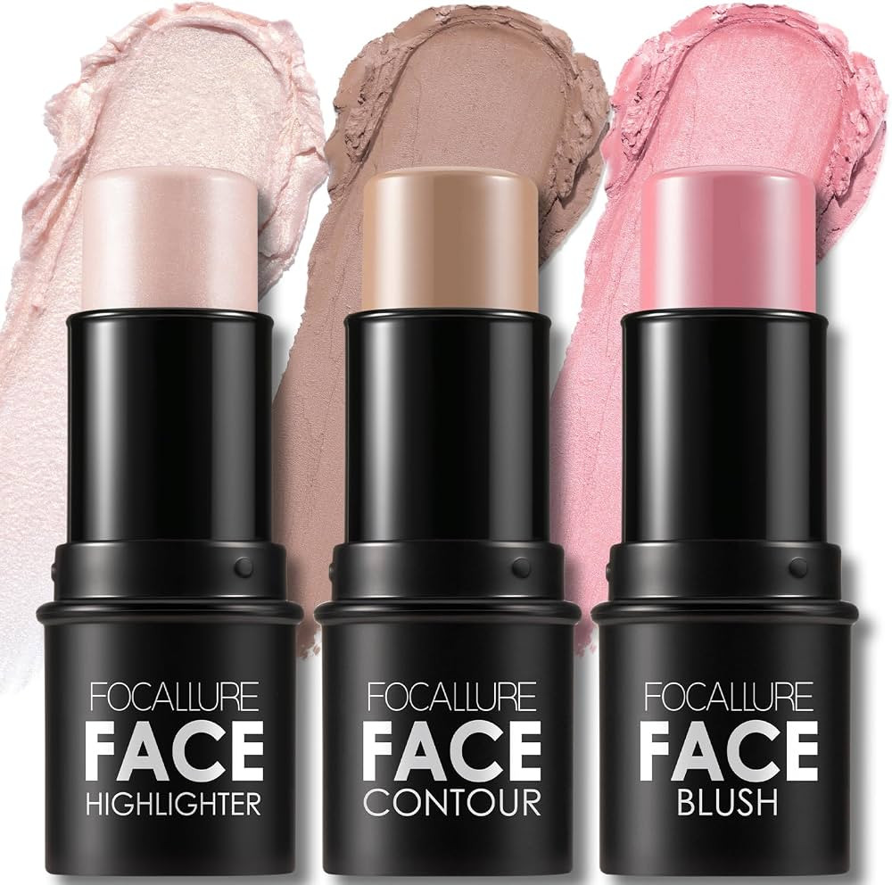 FOCALLURE 3 Pcs Cream Contour Sticks,Shades with Highlighter & Bronzer & Blush,Non-greasy Long-we... | Amazon (US)