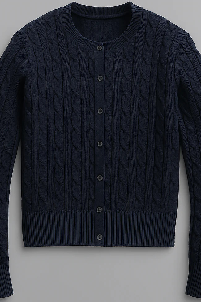 Navy Cable Knit Cotton Cardigan | Pearls & Camo