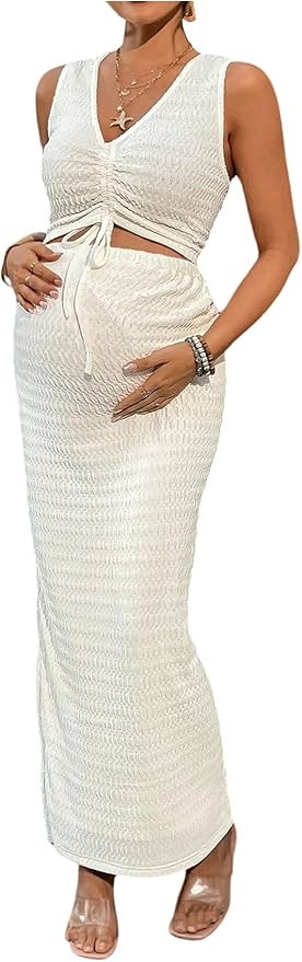 Milumia Women's Maternity 2 Piece Outfits Textured Drawstring Tie Knot Tank Top Bodycon Maxi Skir... | Amazon (US)