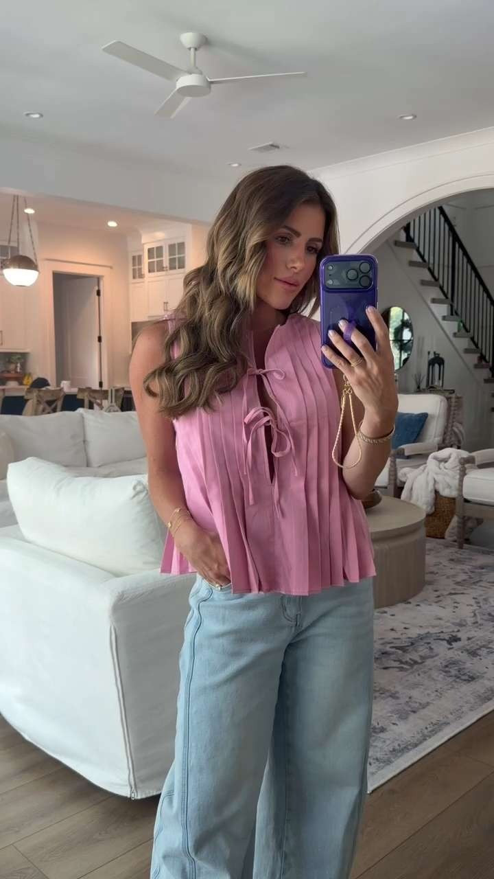 Pink summer top, tie front top, pink blouse, barrel leg jeans, amazon fashion, summer tops, jess fay 

 #LTKootd #LTKPetite