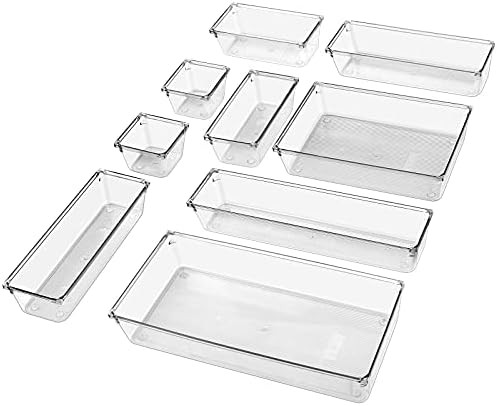 9 Pcs Desk Drawer Organizer Trays Set, GLSOGL 6-Size Clear Plastic PET Storage Bins for Makeup, U... | Amazon (US)