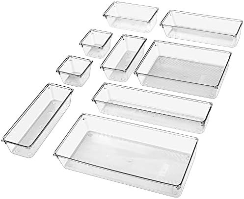 9 Pcs Desk Drawer Organizer Trays Set, GLSOGL 6-Size Clear Plastic PET Storage Bins for Makeup, U... | Amazon (US)