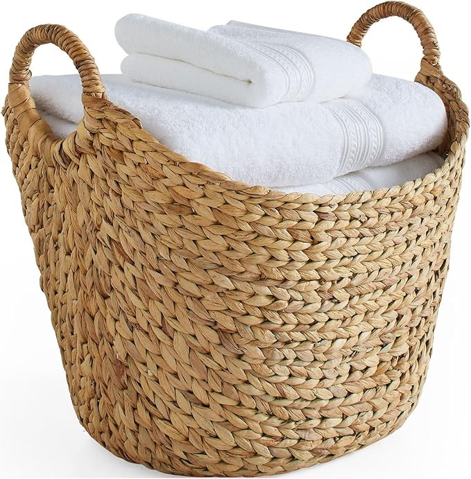 Wicker Luandry Basket, Handmade Water Hyacinth Basket with Ring Handles, Boat Shape Decorative Or... | Amazon (US)